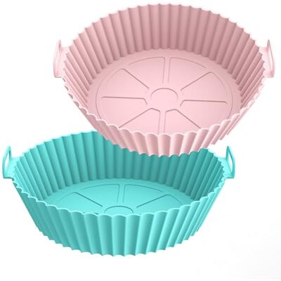 Elalove Set van 2 siliconen bakvormen voor airfryer, herbruikbare airfryer mand, accessoires voor airfryer met handgrepen, anti-aanbakmand, blauw en bruin Elalove Set van 2 siliconen bakvormen voor airfryer, herbruikbare airfryer mand, accessoires voor airfryer met handgrepen, anti-aanbakmand, blauw en bruin