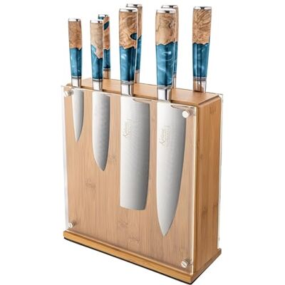 Katana Saya Elements 9-delige messenblokset Oceaanblauw VG-10 Damascusstaal met hoog koolstofgehalte voor extreme hardheid en scherpte – Handgreep van olijfhout en hars Katana Saya Elements 9-delige messenblokset Oceaanblauw VG-10 Damascusstaal met hoog koolstofgehalte voor extreme hardheid en scherpte – Handgreep van olijfhout en hars