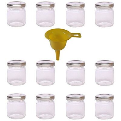 Viva Haushaltswaren 12 x mini-inmaakpot 53 ml met zilverkleurig deksel, ronde glazen potten als jampotten, kruidenpotjes, gastgeschenk, enz. bruikbaar (incl. trechter Ø 12,3 cm) Viva Haushaltswaren 12 x mini-inmaakpot 53 ml met zilverkleurig deksel, ronde glazen potten als jampotten, kruidenpotjes, gastgeschenk, enz. bruikbaar (incl. trechter Ø 12,3 cm)