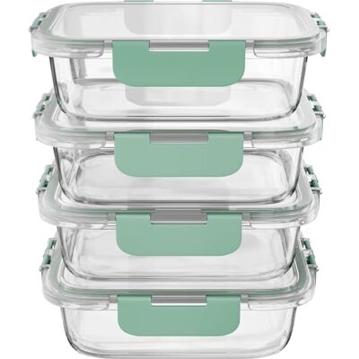 Amig Set van 4 rechthoekige luchtdichte voedselcontainers Inhoud: 370 ml 145 x 104 x 47 mm Glazen container geschikt voor magnetron, oven, vriezer en vaatwasser Groen Amig Set van 4 rechthoekige luchtdichte voedselcontainers Inhoud: 370 ml 145 x 104 x 47 mm Glazen container geschikt voor magnetron, oven, vriezer en vaatwasser Groen