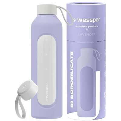 Wessper Glazen Drinkfles met Timer,1 Liter Fles, BPA-vrij, Motiverende Borosilicaat Glazen Water Flessen met Bamboe Deckel, Waterfles met Siliconen Cover Paars Wessper Glazen Drinkfles met Timer,1 Liter Fles, BPA-vrij, Motiverende Borosilicaat Glazen Water Flessen met Bamboe Deckel, Waterfles met Siliconen Cover Paars