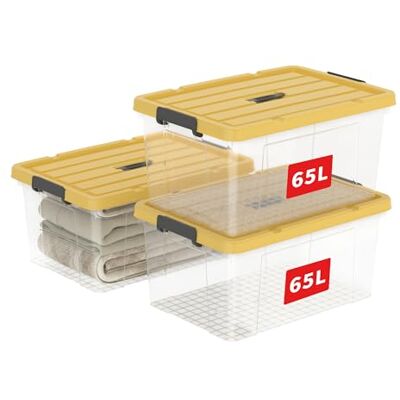 Cetomo 65L x 3 opbergdozen, plastic opbergdoos met deksels, organiserende container met handvat en vergrendelende gespen, stapelbaar, nestbaar, draagtas voor thuiskantoor kleding, 65L-3Pack, helder en Cetomo 65L x 3 opbergdozen, plastic opbergdoos met deksels, organiserende container met handvat en vergrendelende gespen, stapelbaar, nestbaar, draagtas voor thuiskantoor kleding, 65L-3Pack, helder en
