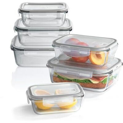 GOURMETmaxx Klick-it Glazen vershouddozen, set van 6, als broodtrommel of voor maaltijdvoorbereiding, vaatwasmachinebestendig, magnetron- en vriezer, opbergdoos met deksel met siliconen afdichtring GOURMETmaxx Klick-it Glazen vershouddozen, set van 6, als broodtrommel of voor maaltijdvoorbereiding, vaatwasmachinebestendig, magnetron- en vriezer, opbergdoos met deksel met siliconen afdichtring