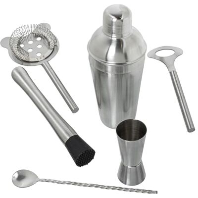 DRW Set van 6 cocktailaccessoires van mat roestvrij staal, lepel 28 cm, shaker 550 ml DRW Set van 6 cocktailaccessoires van mat roestvrij staal, lepel 28 cm, shaker 550 ml