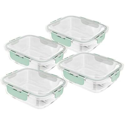 Amig Set van 4 vierkante luchtdichte voedselcontainers Inhoud: 320 ml 112 x 112 x 50 mm Glazen container geschikt voor magnetron, oven, vriezer en vaatwasser Groen Amig Set van 4 vierkante luchtdichte voedselcontainers Inhoud: 320 ml 112 x 112 x 50 mm Glazen container geschikt voor magnetron, oven, vriezer en vaatwasser Groen