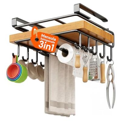 Avilia Keukenrek van roestvrij staal, 10 haken, geïntegreerde toiletpapierhouder en snijplank, 3-in-1 kastorganizer, ruimtebesparend, 26,5 x 25 x 7 cm Avilia Keukenrek van roestvrij staal, 10 haken, geïntegreerde toiletpapierhouder en snijplank, 3-in-1 kastorganizer, ruimtebesparend, 26,5 x 25 x 7 cm