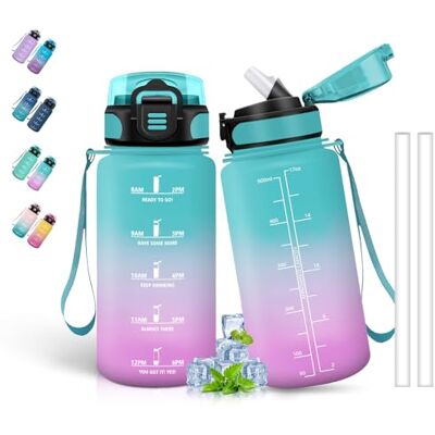 Grsta Drinkfles voor kinderen, 500 ml, motiverende drinkfles, waterfles met tijdschaal, gemakkelijk te reinigen, voor school, reizen, camping, groen-roze Grsta Drinkfles voor kinderen, 500 ml, motiverende drinkfles, waterfles met tijdschaal, gemakkelijk te reinigen, voor school, reizen, camping, groen-roze
