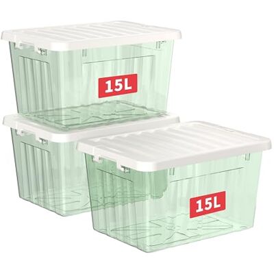 Cetomo 15L* 3 Plastic Opbergdoos, Clear Green, Tote box, Organiserende Container met Duurzaam Deksel en Veilige Sluitsluitsluitsluitingen, Stapelbaar en Nestable, 3Pack, met Gesp Cetomo 15L* 3 Plastic Opbergdoos, Clear Green, Tote box, Organiserende Container met Duurzaam Deksel en Veilige Sluitsluitsluitsluitingen, Stapelbaar en Nestable, 3Pack, met Gesp
