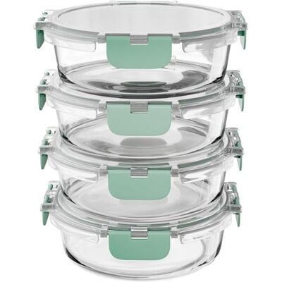 Amig Set van 4 ronde luchtdichte voedselcontainers Inhoud: 400 ml 130 x 130 x 52 mm Glazen container geschikt voor magnetron, oven, vriezer en vaatwasser Groen Amig Set van 4 ronde luchtdichte voedselcontainers Inhoud: 400 ml 130 x 130 x 52 mm Glazen container geschikt voor magnetron, oven, vriezer en vaatwasser Groen