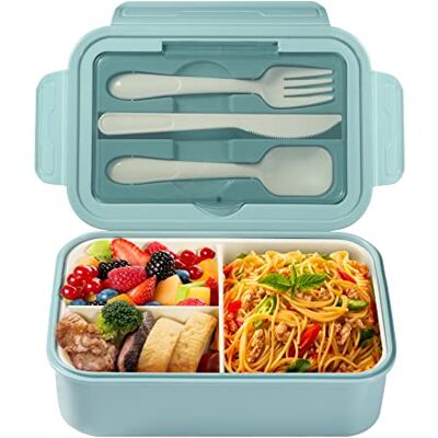Diboniur Lunchbox broodtrommel met bestek, volwassenen en kinderen, 1400 ml, bento box met vakken, werk, magnetronbestendig, blauw Diboniur Lunchbox broodtrommel met bestek, volwassenen en kinderen, 1400 ml, bento box met vakken, werk, magnetronbestendig, blauw