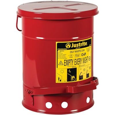 Justrite Soundguard Stalen Olie-Afvalbak met Voetbediend Deksel, 20 L, Rood Justrite Soundguard Stalen Olie-Afvalbak met Voetbediend Deksel, 20 L, Rood