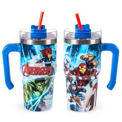 H&H Avengers Bluestorm Thermosbeker met rietje, 0,6 l, van roestvrij staal, dubbelwandig, herbruikbaar, lekvrij, ideaal voor school, kantoor, sport en reizen H&H Avengers Bluestorm Thermosbeker met rietje, 0,6 l, van roestvrij staal, dubbelwandig, herbruikbaar, lekvrij, ideaal voor school, kantoor, sport en reizen
