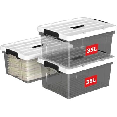 Cetomo 35L x 3 opbergdozen, plastic opbergdoos met deksels, organiserende container met handvat en veilige vergrendelende gespen, stapelbaar, nestbaar, draagtas voor thuiskleding, 35L-3Pack, helder Cetomo 35L x 3 opbergdozen, plastic opbergdoos met deksels, organiserende container met handvat en veilige vergrendelende gespen, stapelbaar, nestbaar, draagtas voor thuiskleding, 35L-3Pack, helder