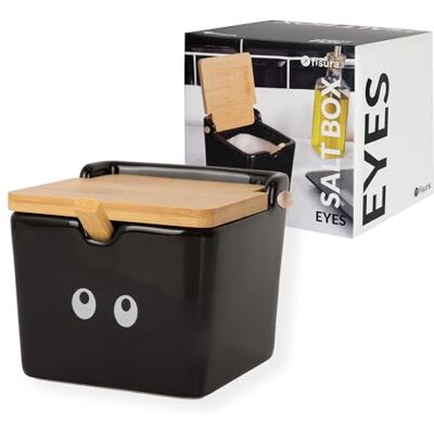 Fisura – Originele zoutpot keramiek met deksel “ojos” zwart, grote vierkante zoutpot keramiek met houten deksel en lepel, keuken kruidenpot voor zout, suiker of specerijen, 10 x 10 x 9 cm Fisura – Originele zoutpot keramiek met deksel “ojos” zwart, grote vierkante zoutpot keramiek met houten deksel en lepel, keuken kruidenpot voor zout, suiker of specerijen, 10 x 10 x 9 cm