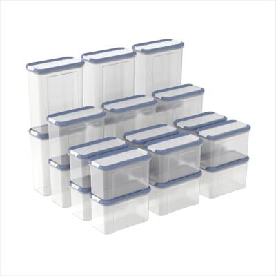 Rotho Domino Set van 24 voorraaddozen, strooi- & strooidoos met dicht sluitend deksel, vaatwasmachinebestendig, transparant/blauw Rotho Domino Set van 24 voorraaddozen, strooi- & strooidoos met dicht sluitend deksel, vaatwasmachinebestendig, transparant/blauw