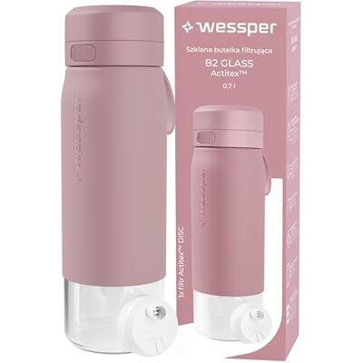 Wessper Waterfilter voor drinkfles, waterfles van glas 700 ml, fles met filter Actitex Disc, vermindert chloor, filterwisselteller, BPA-vrij drinkfles roze Wessper Waterfilter voor drinkfles, waterfles van glas 700 ml, fles met filter Actitex Disc, vermindert chloor, filterwisselteller, BPA-vrij drinkfles roze