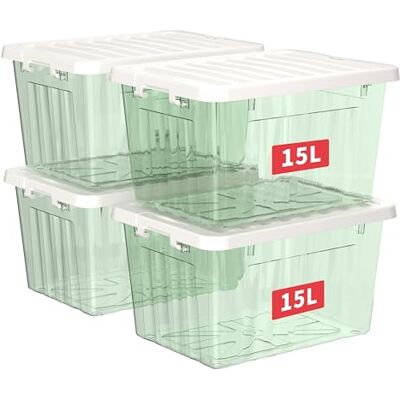 Cetomo 15L x 4 opbergdozen met deksels, plastic opbergbakken met vergrendelende gespen, kliksluiting, stapelbaar, nesten, organizer voor thuiskantoorkleding, helder groen, 15L-4 Pack Cetomo 15L x 4 opbergdozen met deksels, plastic opbergbakken met vergrendelende gespen, kliksluiting, stapelbaar, nesten, organizer voor thuiskantoorkleding, helder groen, 15L-4 Pack