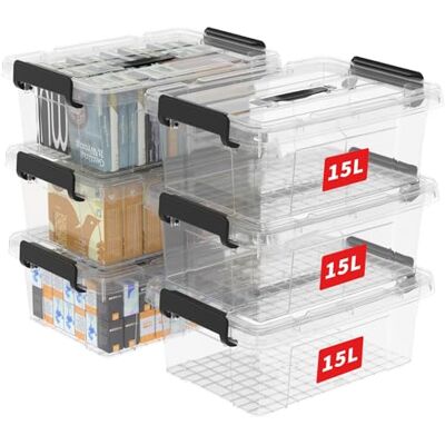 Cetomo Opbergdozen, 15 x 6 stuks, plastic opbergdoos met deksels, organiserende container met handvat en veilige vergrendelende gespen, stapelbaar, nestbaar, draagtas voor thuiskantoorkleding, Cetomo Opbergdozen, 15 x 6 stuks, plastic opbergdoos met deksels, organiserende container met handvat en veilige vergrendelende gespen, stapelbaar, nestbaar, draagtas voor thuiskantoorkleding,