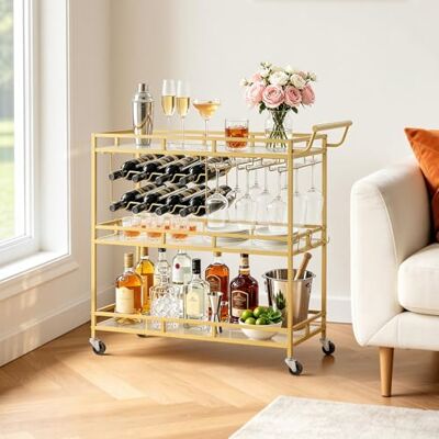 VEVOR Keukenbarwagen, serveerwagen 3 etages, bekerhouder met handvat, dranken, bar, woonkamer, eetkamer, woonkamer, 880 x 380 x 890 mm, goudkleur VEVOR Keukenbarwagen, serveerwagen 3 etages, bekerhouder met handvat, dranken, bar, woonkamer, eetkamer, woonkamer, 880 x 380 x 890 mm, goudkleur