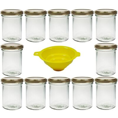 Viva Haushaltswaren 12 x jampotten van 219 ml met goudkleurige sluiting, ronde inmaakpotten als inmaakpotten, kruidenpotjes, glazen potten enz. te gebruiken (incl. trechter) Viva Haushaltswaren 12 x jampotten van 219 ml met goudkleurige sluiting, ronde inmaakpotten als inmaakpotten, kruidenpotjes, glazen potten enz. te gebruiken (incl. trechter)