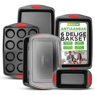 Nutrichef Set van 6 Anti-aanbak Bakvormen Premium Carbonstaal Bakgerei met Siliconen Handvatten Inclusief 2 Bakplaten, 12 Muffinvormen, Cakevorm en Braadslee met BPA-vrije Deksel Eenvoudig Nutrichef Set van 6 Anti-aanbak Bakvormen Premium Carbonstaal Bakgerei met Siliconen Handvatten Inclusief 2 Bakplaten, 12 Muffinvormen, Cakevorm en Braadslee met BPA-vrije Deksel Eenvoudig