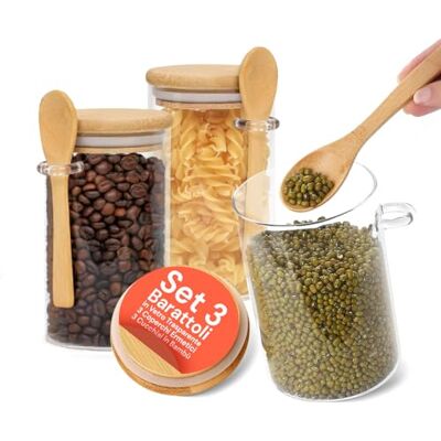 Avilia Set van 3 glazen potten met luchtdicht houten deksel en 500 ml lepel, ideaal voor specerijen en suiker, gemakkelijk te vullen, herbruikbaar en elegant voor elke keuken Avilia Set van 3 glazen potten met luchtdicht houten deksel en 500 ml lepel, ideaal voor specerijen en suiker, gemakkelijk te vullen, herbruikbaar en elegant voor elke keuken