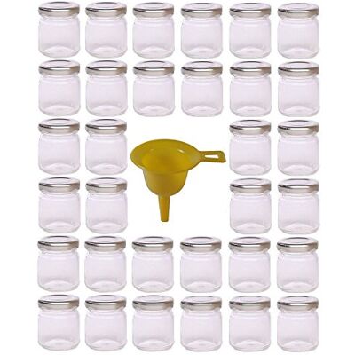 Viva Haushaltswaren 32 x mini-inmaakpot 53 ml met zilverkleurig deksel, ronde glazen potten als jampotten, kruidenpotjes, gastgeschenk enz. bruikbaar (incl. trechter Ø 12,3 cm) Viva Haushaltswaren 32 x mini-inmaakpot 53 ml met zilverkleurig deksel, ronde glazen potten als jampotten, kruidenpotjes, gastgeschenk enz. bruikbaar (incl. trechter Ø 12,3 cm)