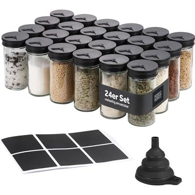 Moritz & Moritz Kruidenpotjes, set van 24, 80 ml, glazen kruidenpotjes met zwarte deksels en stickers, luchtdicht, herbruikbaar en gemakkelijk te reinigen, voor kast en lade Moritz & Moritz Kruidenpotjes, set van 24, 80 ml, glazen kruidenpotjes met zwarte deksels en stickers, luchtdicht, herbruikbaar en gemakkelijk te reinigen, voor kast en lade