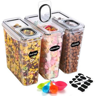 YASHE 3 stuks plastic voedselopslagcontainer (3,7 l), luchtdichte opslagcontainers voor granen, BPA-vrije keukenvoedselcontainers met deksels, graandispenser met 16 etiketten en 1 marker YASHE 3 stuks plastic voedselopslagcontainer (3,7 l), luchtdichte opslagcontainers voor granen, BPA-vrije keukenvoedselcontainers met deksels, graandispenser met 16 etiketten en 1 marker