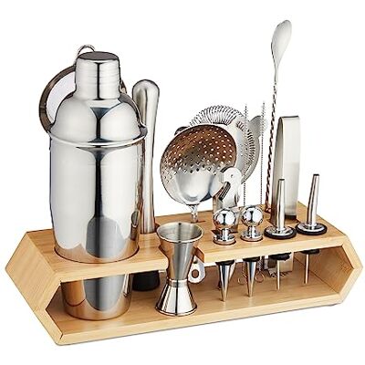 Relaxdays cocktail set met houder, 16-delig, barmaatje, shaker, stamper & meer, cocktail accessoires, zilver/natuur Relaxdays cocktail set met houder, 16-delig, barmaatje, shaker, stamper & meer, cocktail accessoires, zilver/natuur