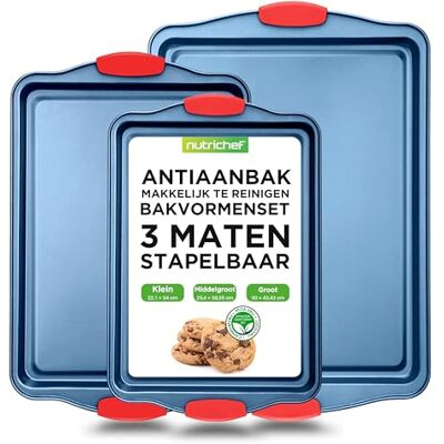 Nutrichef Koekjesbakplaat Set 3 Stuks – Anti-aanbak Carbon Stalen Bakplaten met Siliconen Handgrepen – Groot, Middel & Klein – Premium Bakvormen – Blauw Nutrichef Koekjesbakplaat Set 3 Stuks – Anti-aanbak Carbon Stalen Bakplaten met Siliconen Handgrepen – Groot, Middel & Klein – Premium Bakvormen – Blauw