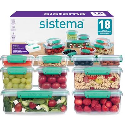 Sistema KLIP IT Voedselopslagcontainers Luchtdichte en stapelbare maaltijdbereidingscontainers met deksels Schoollunchdozen & Snackdozen BPA-vrij 18 stuks (9 containers en deksels), groenblauw Sistema KLIP IT Voedselopslagcontainers Luchtdichte en stapelbare maaltijdbereidingscontainers met deksels Schoollunchdozen & Snackdozen BPA-vrij 18 stuks (9 containers en deksels), groenblauw