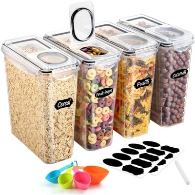 YASHE 4 stuks plastic voedselopslagcontainers (3,7 l), luchtdichte opslagcontainers voor granen, BPA-vrije keukenvoedselcontainers met deksels, graandispenser met 16 etiketten en 1 marker YASHE 4 stuks plastic voedselopslagcontainers (3,7 l), luchtdichte opslagcontainers voor granen, BPA-vrije keukenvoedselcontainers met deksels, graandispenser met 16 etiketten en 1 marker