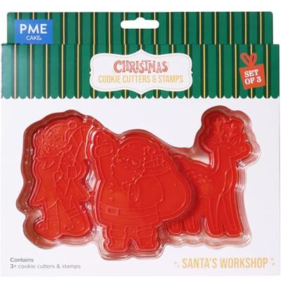 PME CH24CCC098 Kerst Cookie Cutters & Postzegels, Santa's Workshop (Set van 3), Plastic, Rood PME CH24CCC098 Kerst Cookie Cutters & Postzegels, Santa's Workshop (Set van 3), Plastic, Rood