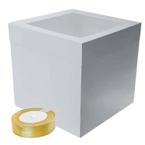 HOKIP Witte venster hoge taartdoos   10 inch dozen met deksels   10 x 10 x 10 inch pak van 5 taartdozen   Taartdozen 10 inch vierkant groot met gouden cake-lint   bruidstaartdozen, doos met deksel