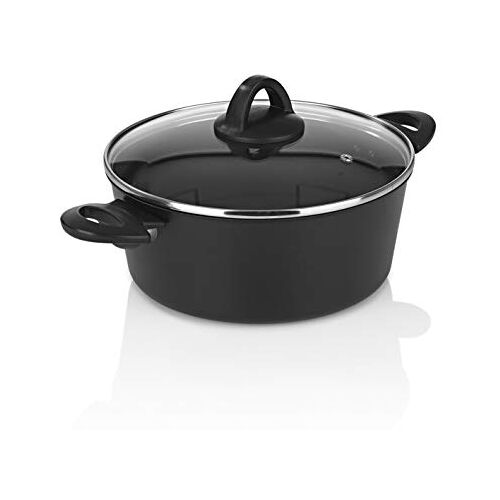 Bratoni Aluminium Kookpot 24 cm met Glazen Deksel   Inductie Pan met Anti-aanbaklaag voor Vetarm Koken   Inductiepot, Vaatwasmachinebestendig   Gesmede Bakpot 24 x 10 cm, Zwart