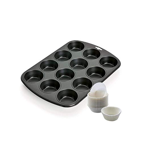 Kaiser 2-delige muffinvormpje, muffinbakplaat met papieren bakvormen voor 12 muffins van 38 x 27 cm, cupcakevorm met antiaanbaklaag