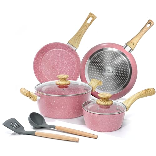 Innerwell Roze pannenset, 8-delige pannenset met pan en braadpan, gecoate pan voor inductie, PFOA-vrije braadpan, pannenset met deksel, geschikt voor alle warmtebronnen, anti-warping-basis