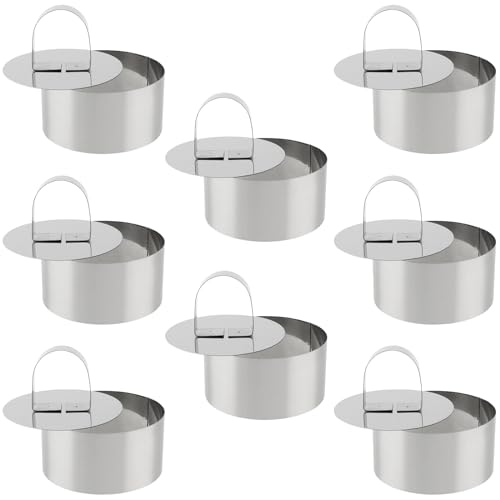 ZEONHEI 8 stuks mini-taartringvormen, dessertringen, roestvrij staal, dinerringen met stamper, taartring, kleine taartring, bakringen, mousse ring, rond, Ø 8 cm, voor gebak, cake, mousse, dessert, 4