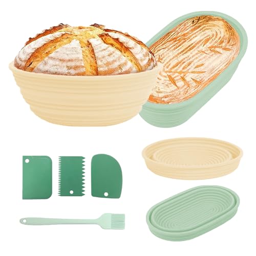 Qivine Fermentatiemand, set van 6, rijsmandjes voor het bakken van brood, siliconen brood, inclusief bakkersmes, kwast, bakaccessoires, optimaal voor 2 lbs deeg (22 cm rond en 24,5 cm ovaal)