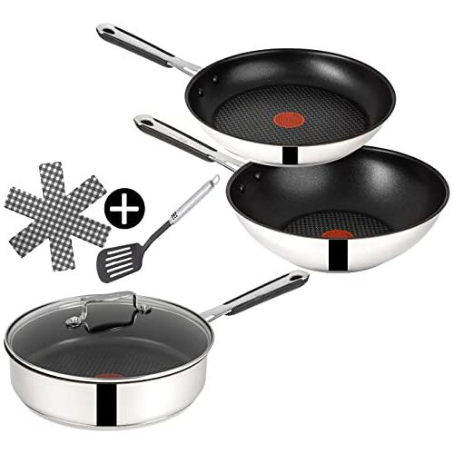 Tefal E30 Jamie Oliver Pannenset, 6-delige set, stoofpan 25 cm met deksel en hoge rand, wok 28 cm, pan 24 cm, spatel, roestvrij staal, geschikt voor inductie, zilver, SET13