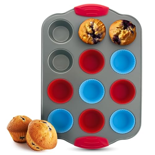 Boxiki Kitchen Mini muffinvorm met 12 kopjes en siliconen muffinvoeringen (set van 12). Professionele cupcakevorm voor het bakken van muffinvorm, mini muffinvorm, anti-aanbaklaag, stalen bakvormen