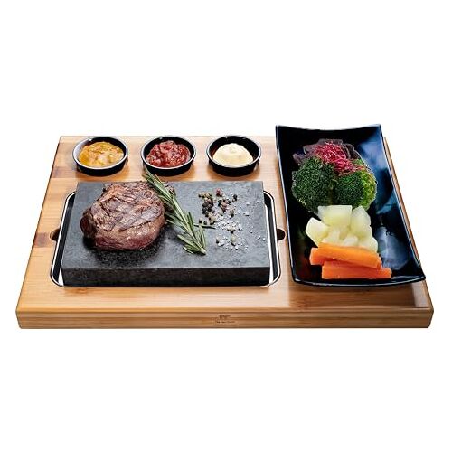 BEEFSTONE Lavasteen steakbord Hot Stone steengrillset van bamboe plank lavastone en porseleinen plaat, vlees, vis grillen op hete steen (Uno Black)