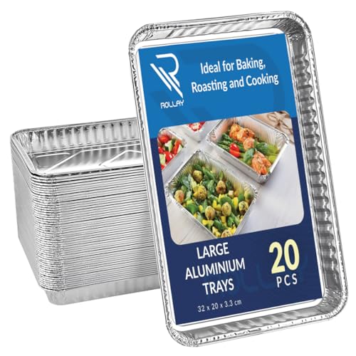 Rollay Set van 20 grote aluminiumfoliebakken (32 x 20 x 3,3 cm) blikken foliebakjes voor koken, bakken, braden, braden, barbecue en feest
