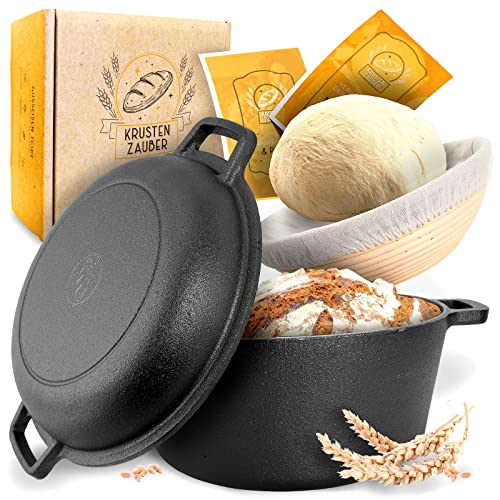 KRUSTENZAUBER Gietijzeren pan, brood bakken (incl. rijskorf) – robuuste 26 cm gietijzeren broodpan – ideale broodbakvorm met deksel, gietijzeren pan, broodbakaccessoires