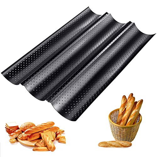 Guanici Stokbrood Tray Koolstofstaal Cake Bakplaat Geperforeerd Baguette Bakplaat Niet Stick Franse Stok Bakvormen Pan Drie Groef Franse Brood Pan Baguette Tray Bakpan (zwart, 38*24.5 *2.4cm)