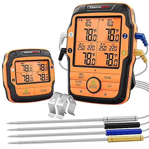 ThermoPro TP27C Draadloze grillthermometer, 150 m, met 4 sondes, vleesthermometer, braadthermometer, IPX4 waterdicht, groot lcd-aantal keukenthermometer voor barbecue, gasgrill, Dutch Oven