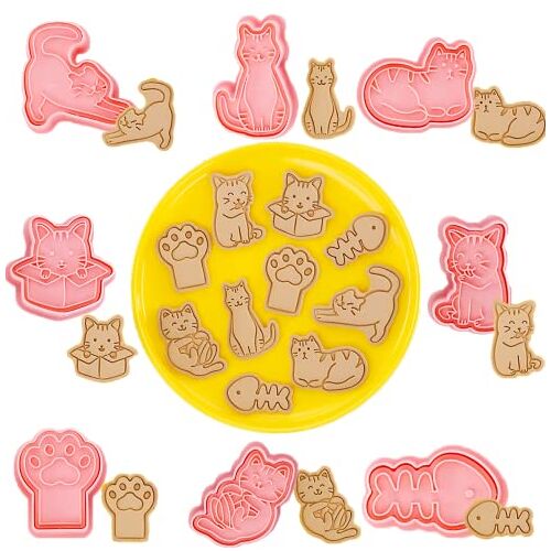 Wayxmax 8 stuks kattenuitsteekvormpjes, uitsteekvormpjes, kattenkoekjessnijder, fondant koekjessnijder voor koekjes, koekjesstempel, 3D-uitsteekvormen voor koekjes, cartoon-motief, voor kinderfeest