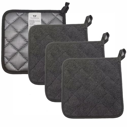 Minkabo Thstheaven 4 stuks pannenlappen voor keuken hittebestendige donkergrijze pannenlappen sets oven warme pads badstof pannenlappen voor koken bakken