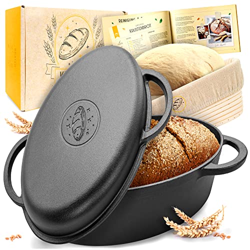 KRUSTENZAUBER Gietijzeren braadpan met deksel ovenbestendig [incl. rijsmand] 34 cm lange gietijzeren pan brood bakken ideaal als broodbakvorm, braadpan inductie, broodbakpan, brood bakken accessoires